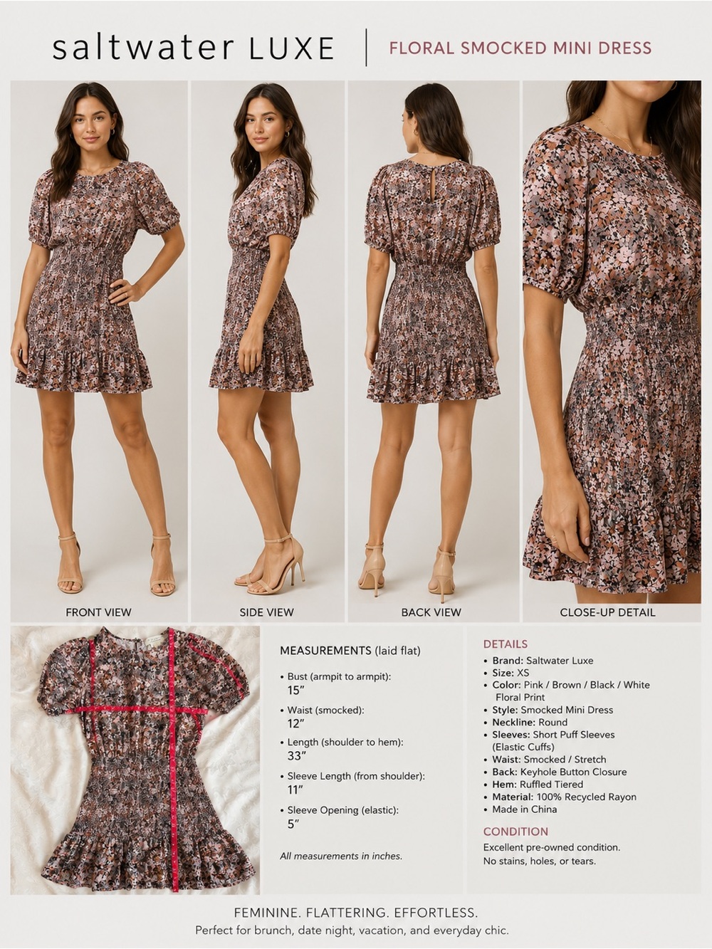 Saltwater Luxe Floral Smocked Mini Dress XS Pink Boho Puff Sleeve Cottagecore